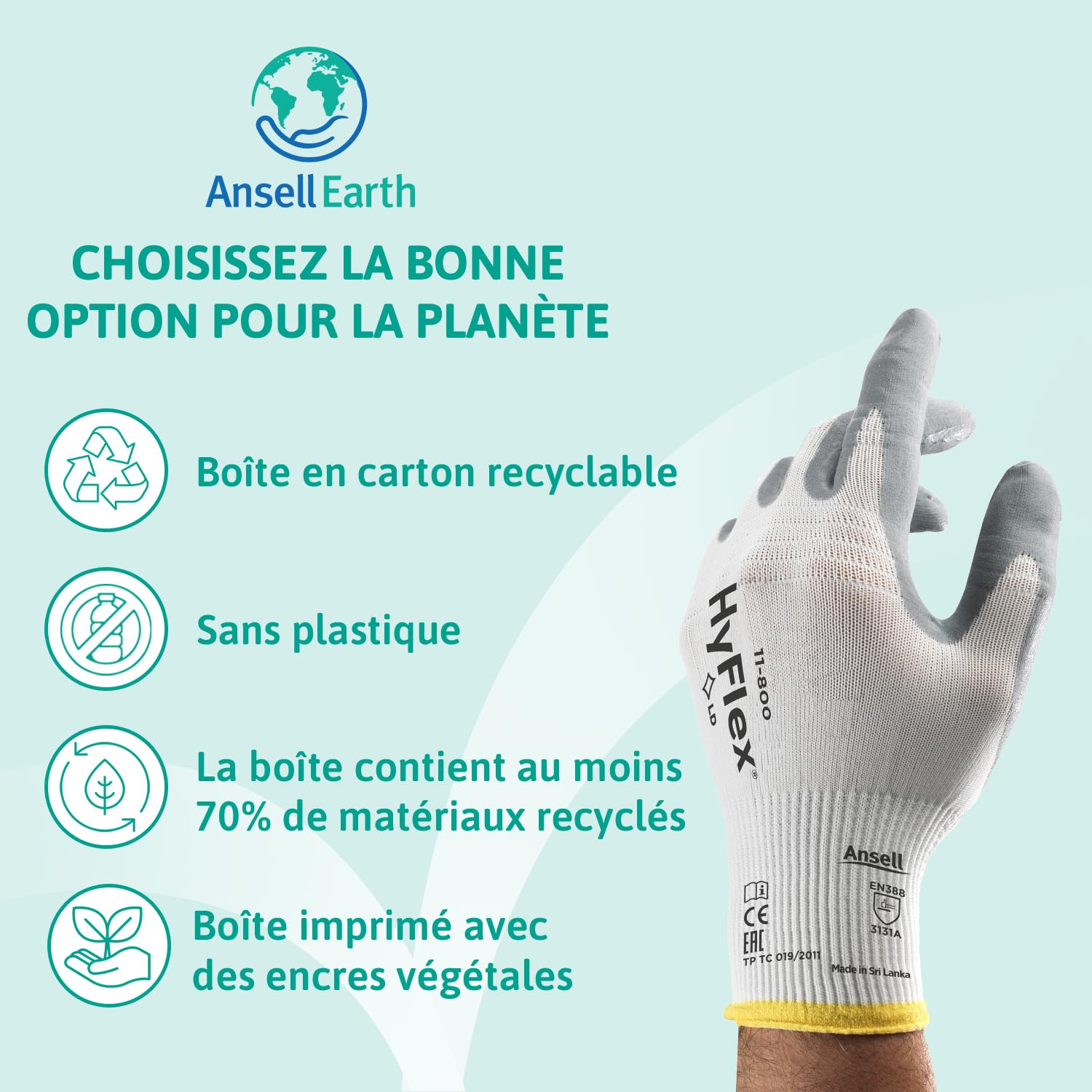 Ansell HyFlex 11-800 Gants de Travail Professionnels, Enduction Nitrile Résistante à l'Abrasion, Protection Industrielle Multiusage, Manutention et Mécanique, Blanc, Taille L (12 Paires)