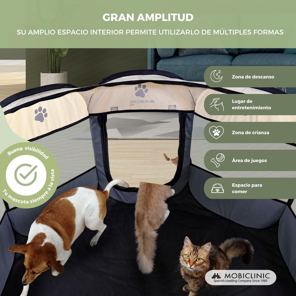 Mobiclinic® Pets, Parque para Perros, Plegable, 114x114x58cm, Scooby, 2 accesos, 8 Ventanas, Cinta elástica Guardar, Interior y Exterior, Tela de Malla 600d, Fácil Limpiar, Gris