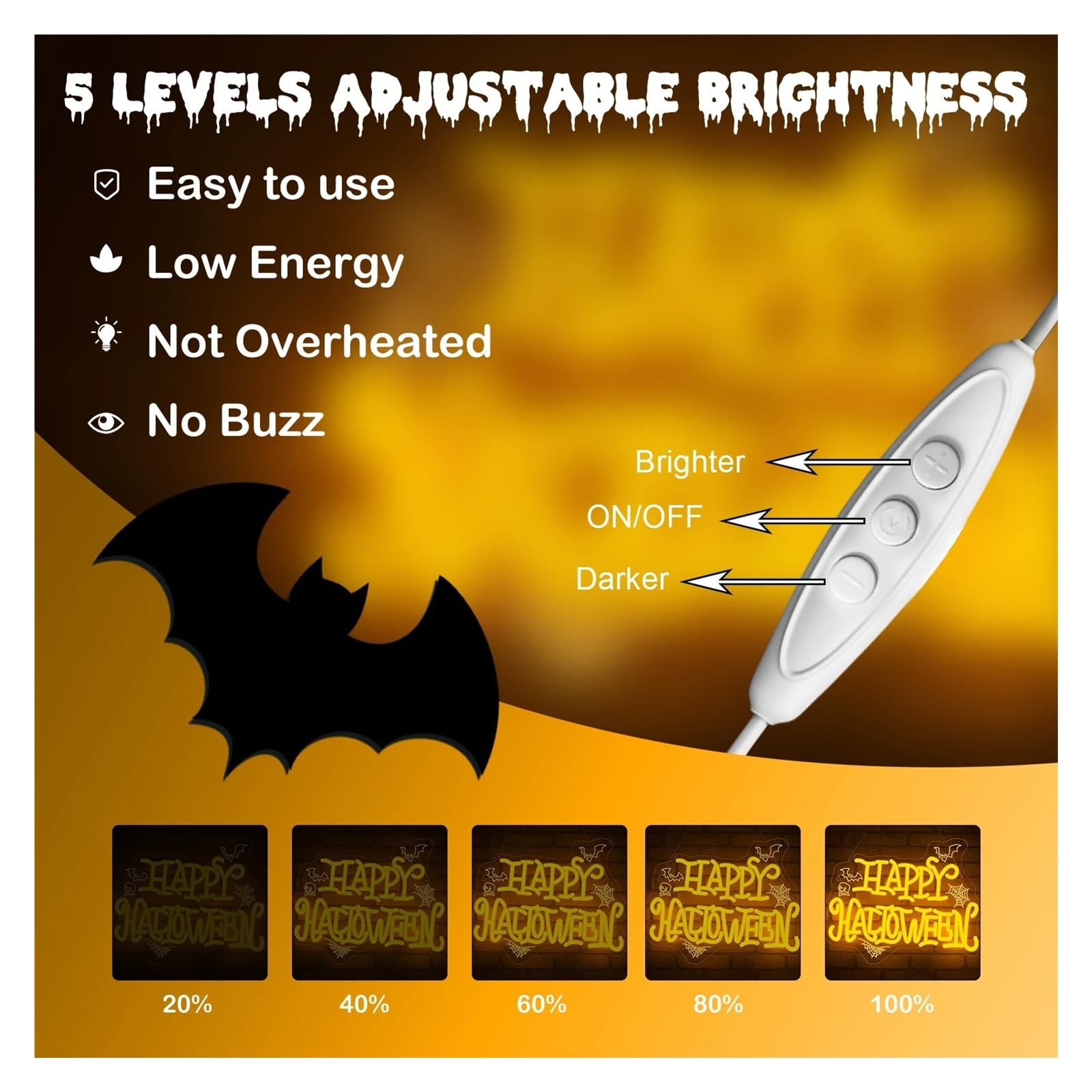 Hängende Kunst-Leuchtreklamen Happy Halloween Leuchtreklame Fledermäuse Spinnennetze Totenkopf Dimmbare LED-Licht-Wanddekoration für Halloween-Party 15.35×12.4in