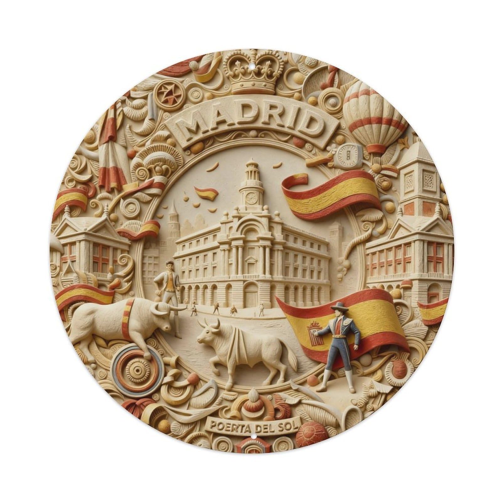 Madrid Cityscape Bullfighting Flag Architecture Round Metal Tin Sign Vintage Wall Decor, Bar Garage Cafe Kitchen Home Wall Art Poster 8x8inches