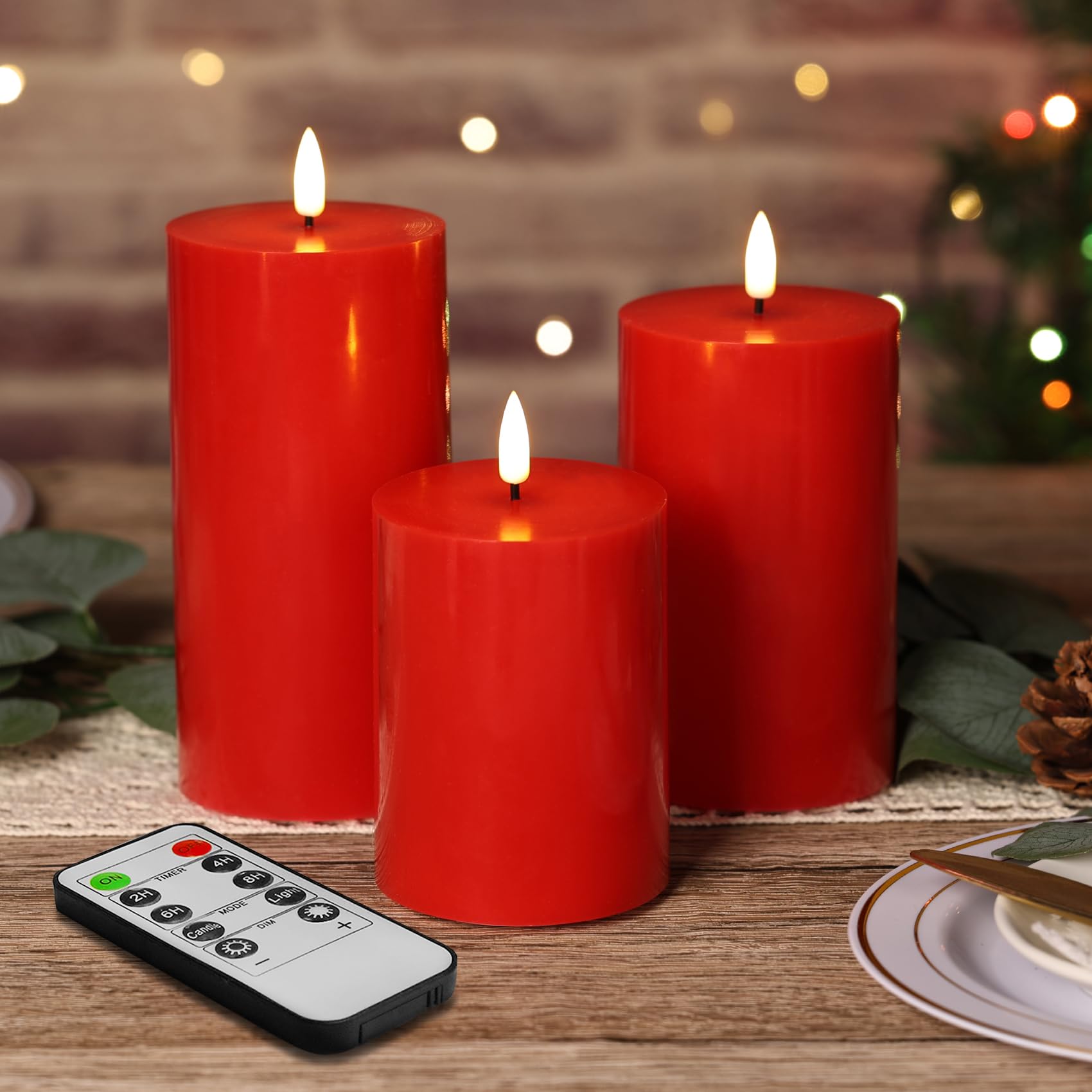 Eywamage Red Flameless LED Pillar Candles with Remote, Flickering Wax Battery Operated Christmas Candles Set of 3