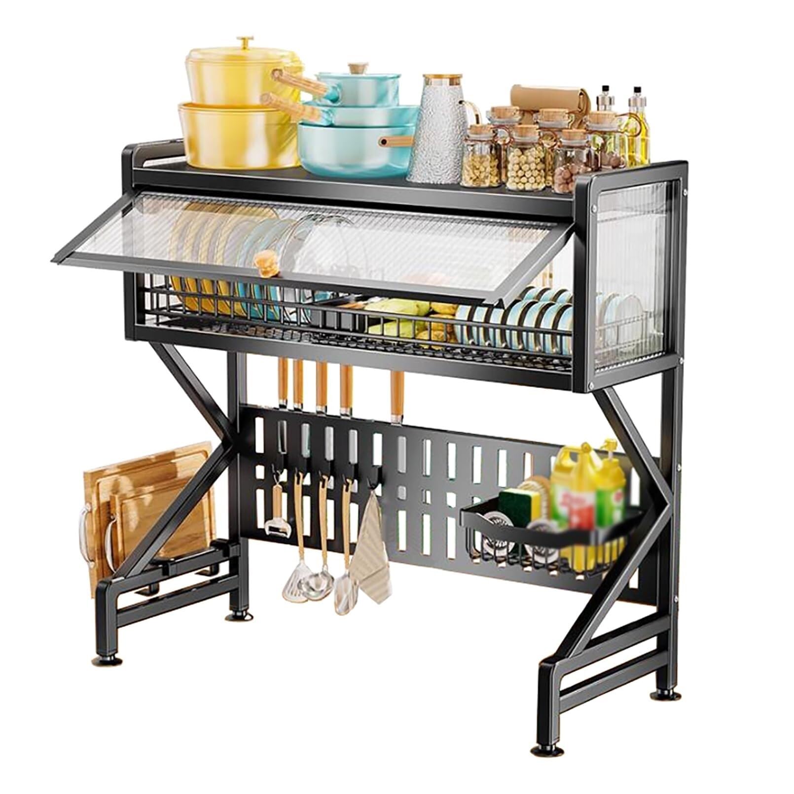 SaryEdge Stainless Steel Dish Drying Rack Over Kitchen Sink with Cover, Dishes and Utensils Draining Shelf, Kitchen Storage Countertop Organizer, Utensils Holder, Kitchen Space,