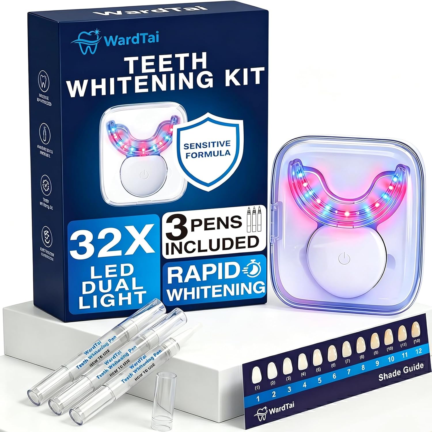 Teeth Whitening Kit with 32 LED Accelerator Light, 3X 6 Percent Gentle Hydrogen Peroxide Gel Pens for Sensitive Teeth, Removes Deep Coffee Stains, Enamel Safe, Visibly Whiter in 7 Days