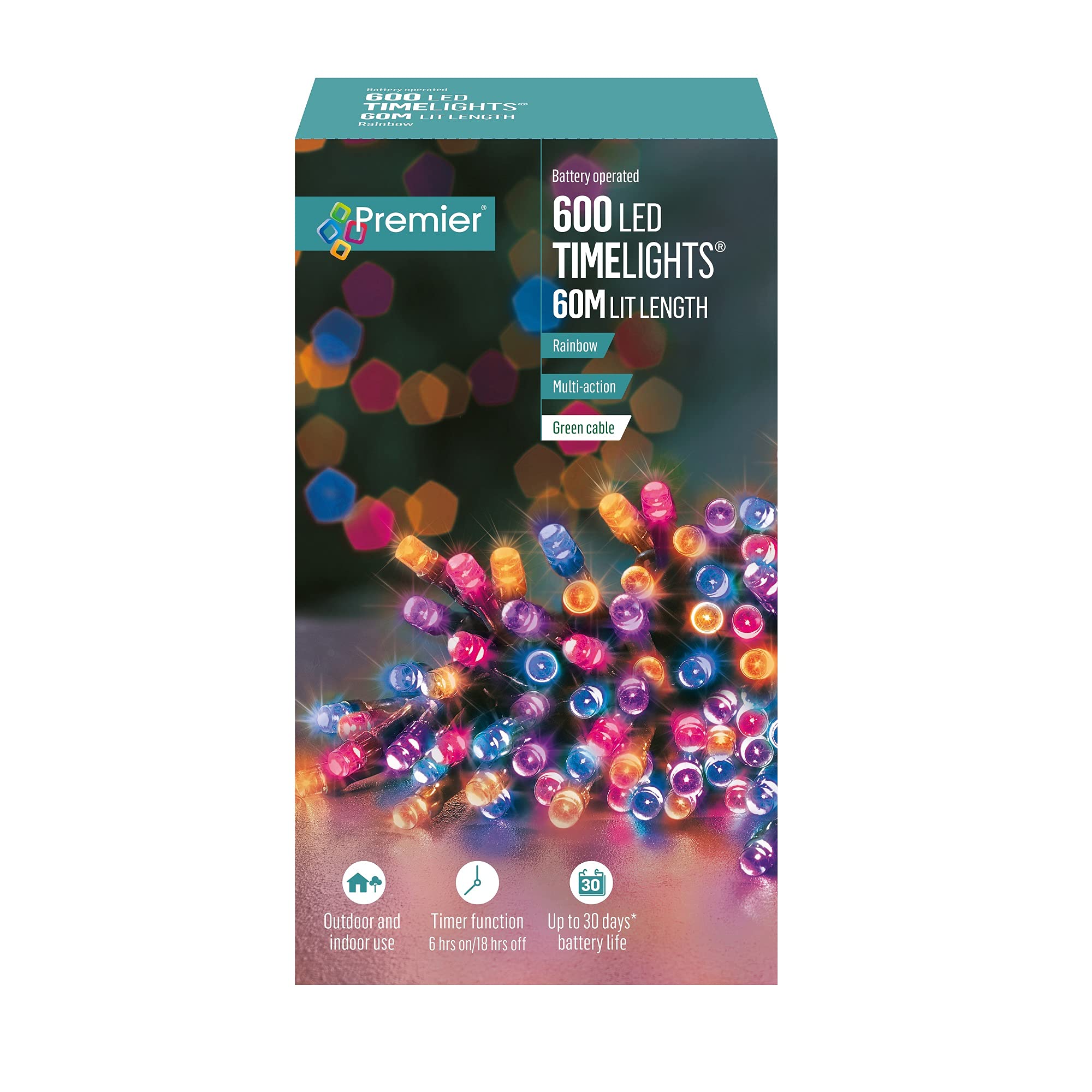 Green/Light 600 Led 60M Premier Christmas Indoor Outdoor Multi Function Battery Operated String Lights With Timer In Rainbow