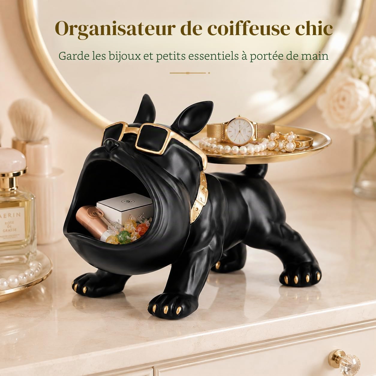 Bouledogue Français Statue Decoration Interieur,Vide Poche Entree,Vide Poche Plateau Decoratif,Rangement Clef,Statue en Résine,Statue Animaux Decoration Maison