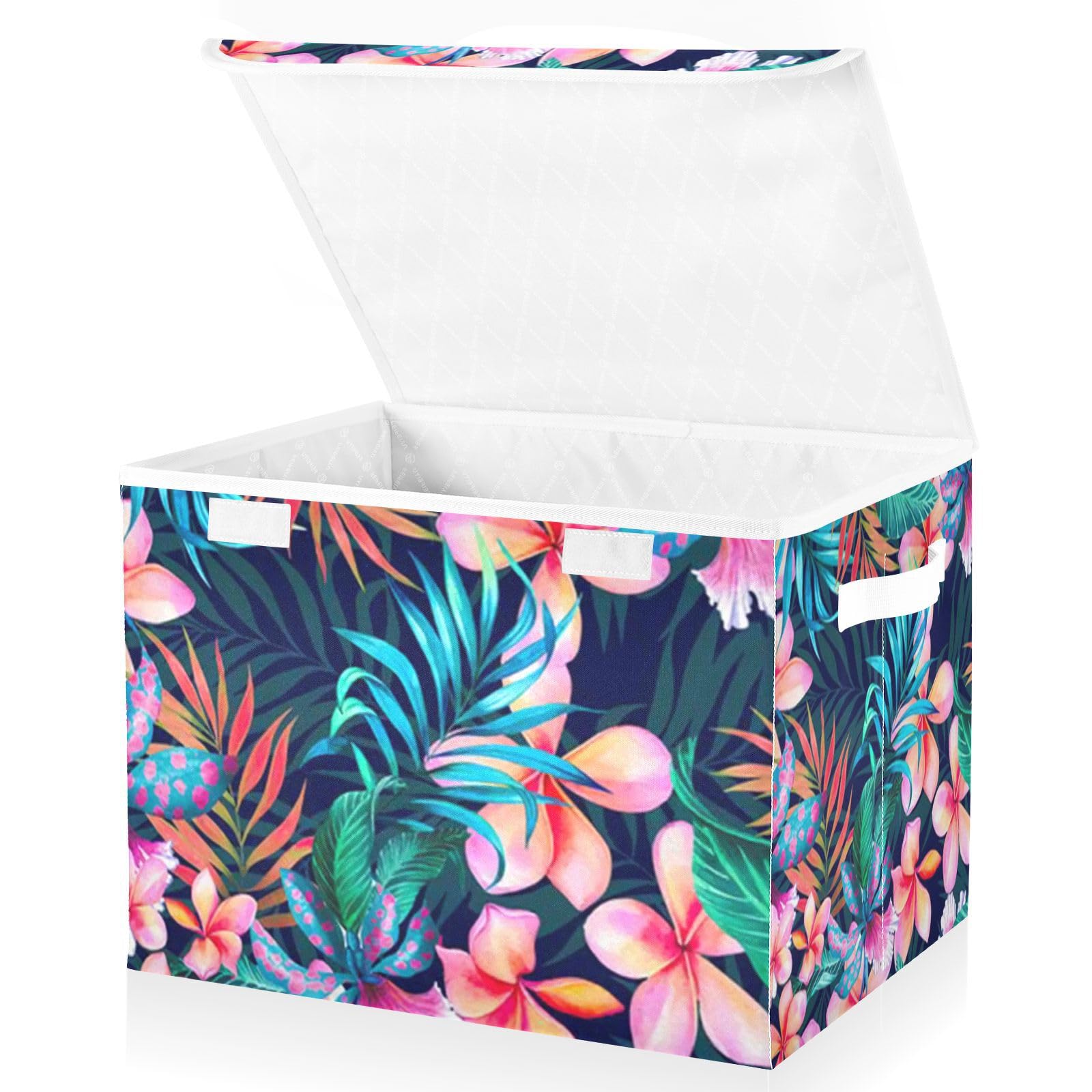 花柄プラスチック収納ボックス Amazon｜収納ボックス 折り畳み式 花柄 ハワイ風 収納ケース ふた付き