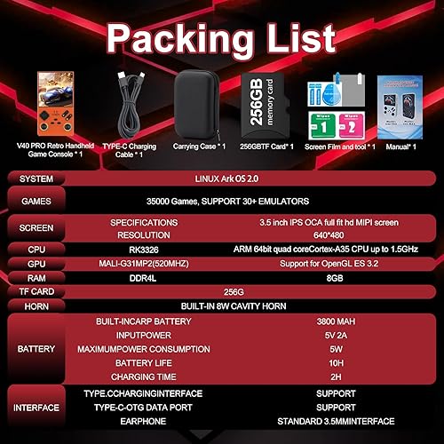 Miniatura 7 de RegiisJoy V40 Pro - Consola de juegos portátil, 35000 juegos, pantalla IPS de 3.5 pulgadas, consola retro arcade, 256G 3800 mAh, mini consola de