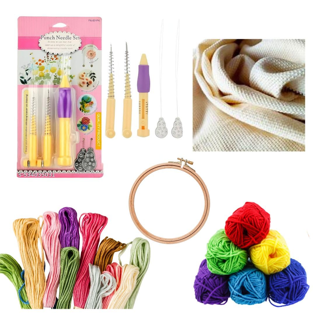 Punch Needle Embroidery Kit with 3 Needles, 10x10 Inch Monk's Cloth, Wooden Frame, Rangoli Threads, Woolen Yarns, Multi Color, DIY Craft Starter Set-image-45