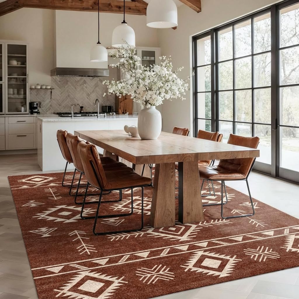 5x7 Area Rug Southwestern Tribal Geometric Rug with Non Slip Backing, Washable Low Pile Red Brown Cream Carpet for Bedroom, Living Room, Dining Room, Home Office