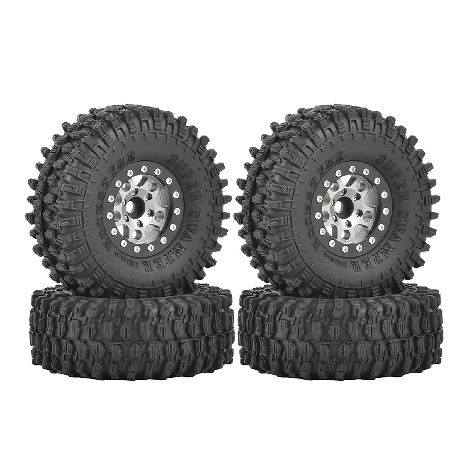 KINGCOO 4PCS 1.55Inch Aluminum Alloy Metal 5Spoke Beadlock Wheel Rims and Rubber Tires Set for 1/10 RC Rock Crawler Car for Axial AX90069 UTB18 D90 TF2 Tamiya Upgrade Parts (Grey, 95MM-A)
