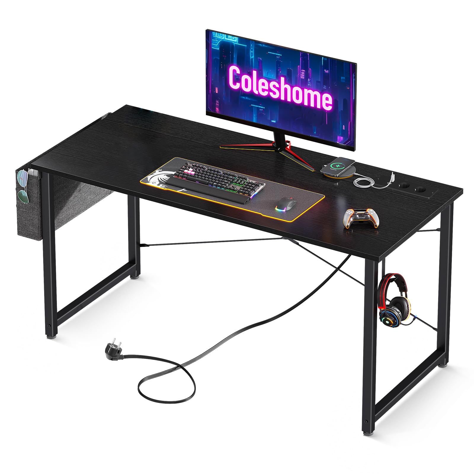 Coleshome Escritorio, 120x48cm Mesa Ordenador con 2 Tomas de Corriente y 2 Puertos USB de Carga, Mesa de Oficina con Soporte para Auriculares y Bolsa de Almacenaje para Casa, Oficina, Negro