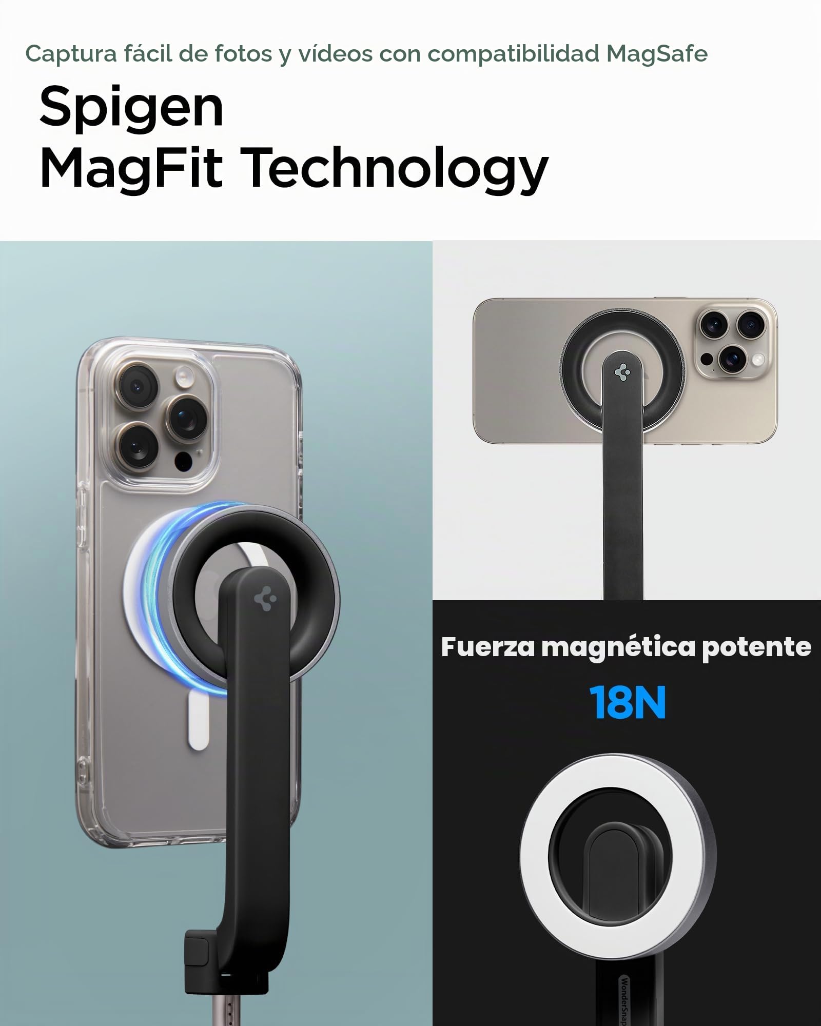 Spigen S571W MagFit Palo Selfie Anillo Metálico y Correa | Negro, Imán 18N Fuerte, Compacto y Ligero 170g, Soporte Todo en Uno para iPhone, Samsung Android, Pixel