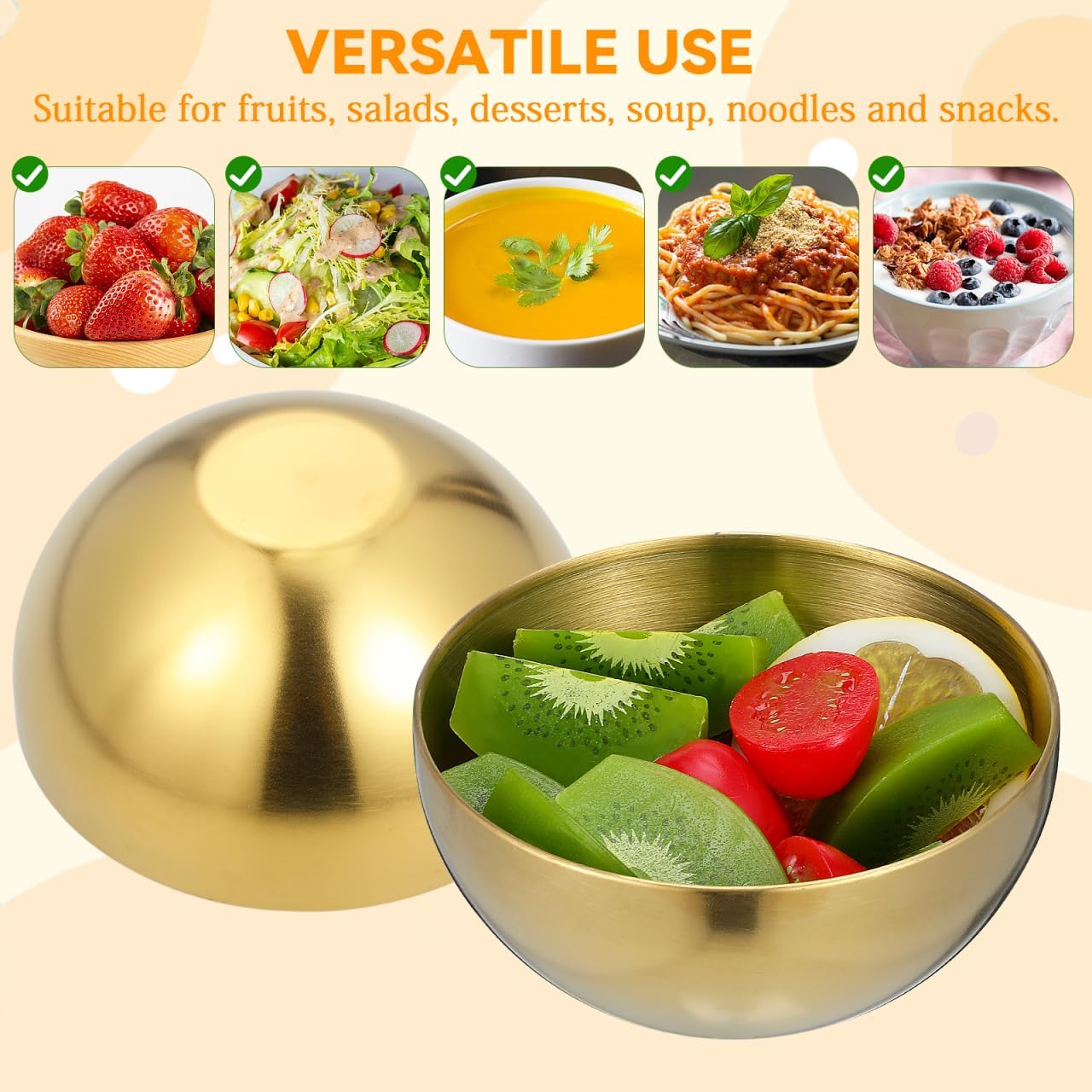 Luxshiny 2pcs Stainless Steel Small Soup Bowls Mini Dinner Serving Salad Bowls Korean Single Layer Metal for Salad Fruit Snack Dessert Noodle (Golden, 4.8 Inch)