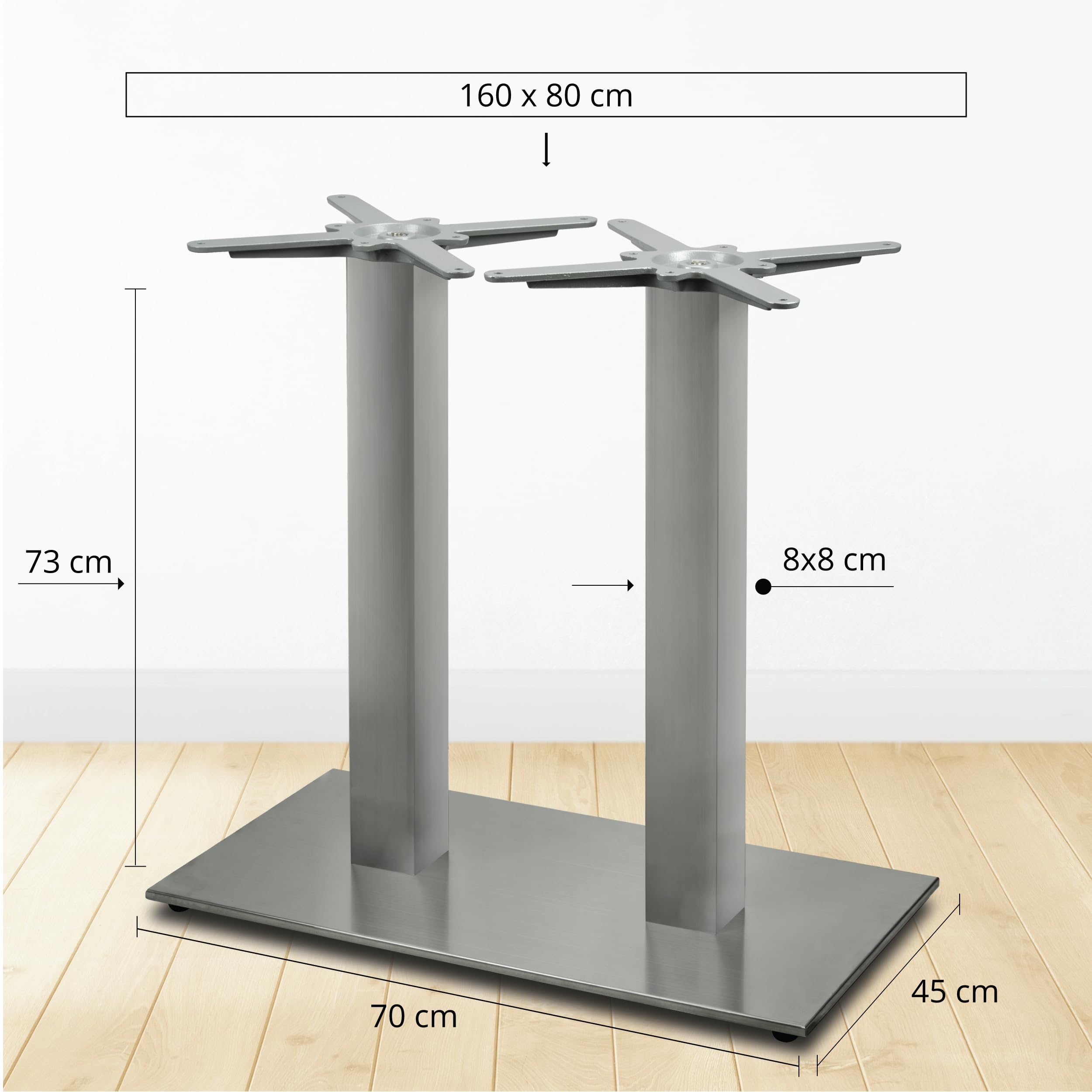 Doppel-Tischgestell Tischbein Edelstahl | Premium | PD7092inox | INOX | Esstisch | Höhe 73 cm | 31 kg | Bodenplatte 70x45 cm | max. Tischplattengröße 160x80 cm