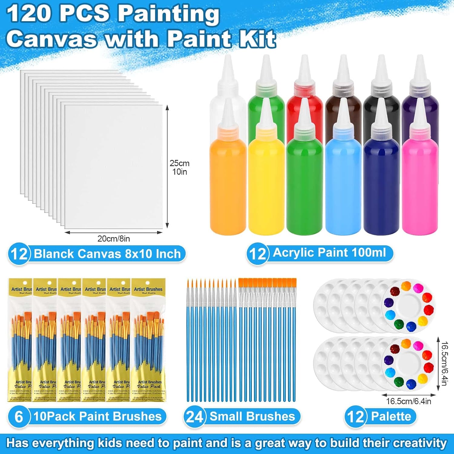 shynek 12 Pack Acrylic Painting Canvas with 12 Colors Paint Set 3.38 oz/Bottle, 12x8 Inch Blank Canvas Artist Brushes for Adults Couples Beginners Sip and Paint Party