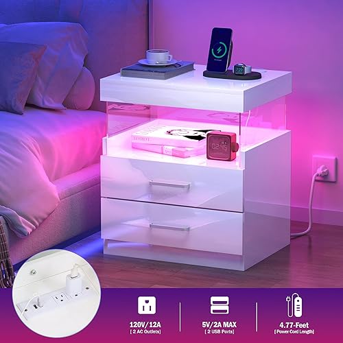 Miniatura 5 de WelFurGeer Mesita de noche de alto brillo, mesita de noche LED blanca con estación de carga, mesita de noche con cajones, mesitas de noche modernas,