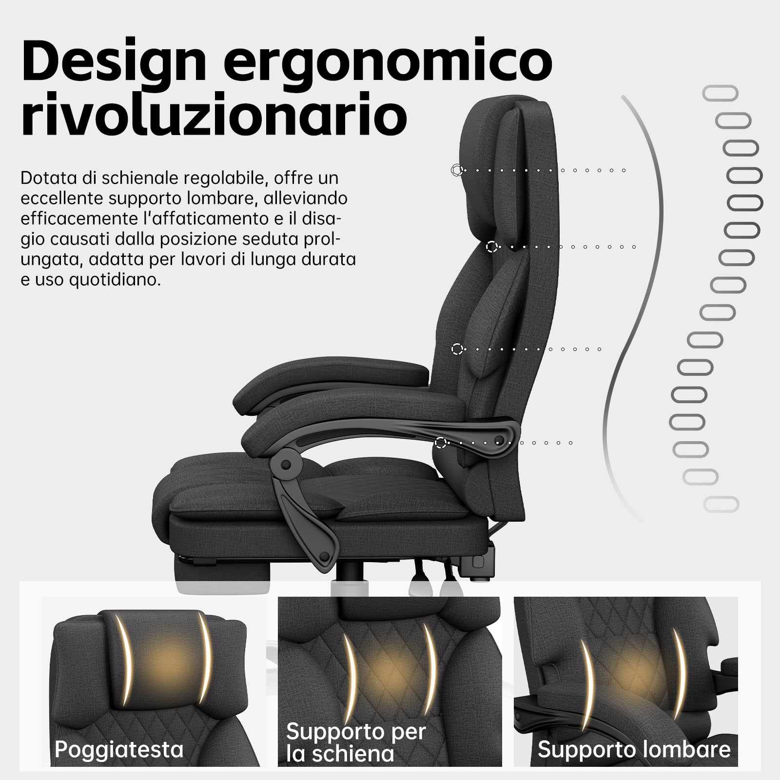 Sedia da Ufficio Ergonomica con Poggiapiedi in Tessuto, Poltrona Ufficio Sedia Scrivania ad Altezza Regolabile con Ruote Piroettanti, Sedia Ufficio per Home, Sedia Gaming, Grigio Scuro - 5