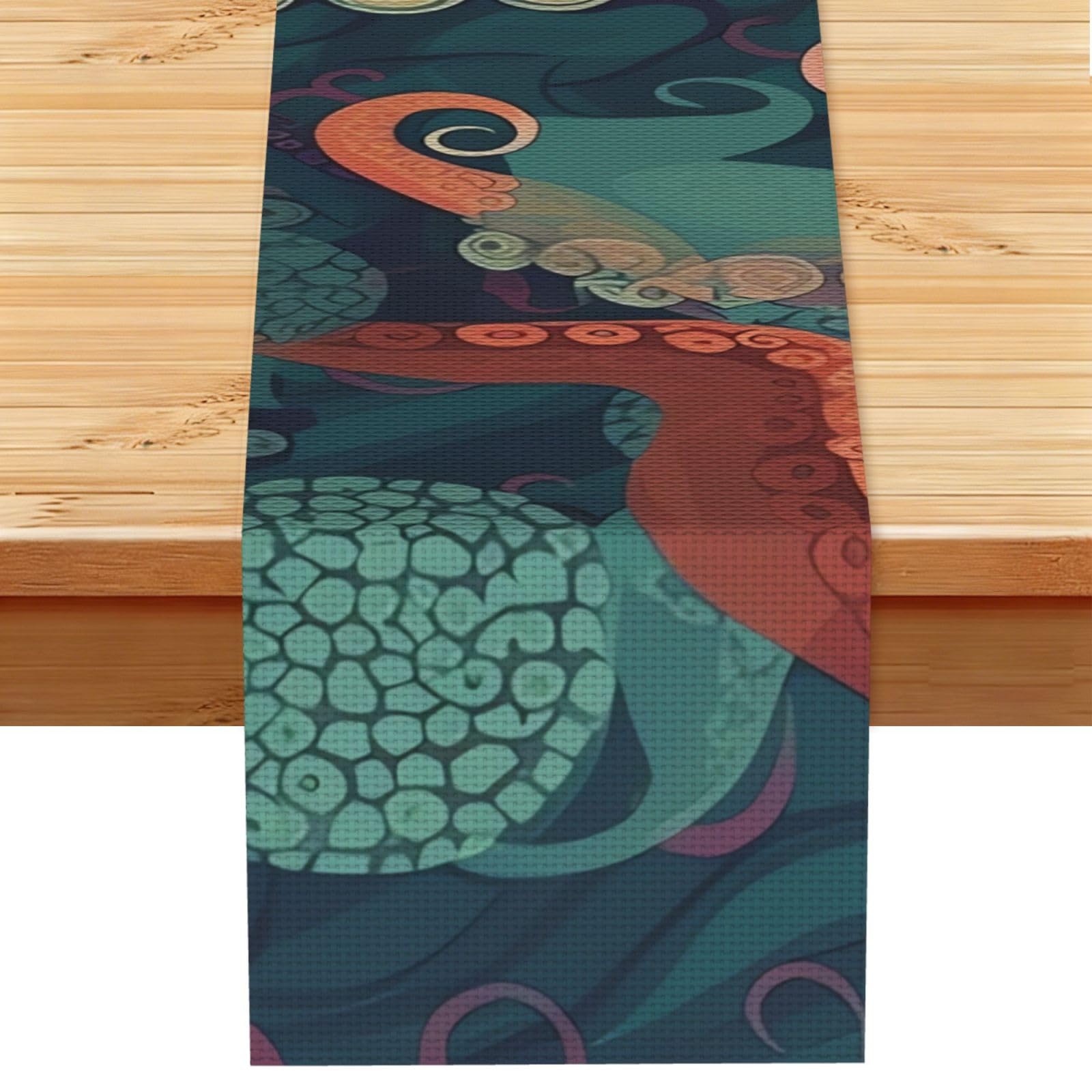Abstract Octopus Table Runner 13x72 Inch Cotton Linen Table Linen Washable Farmhouse Tablecloth Modern Abstract Art Kitchen Dinning Table Decoration for Home Party Decor
