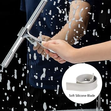 Shower Squeegee,Window Squeegee,Stainless Steel Shower Screen Wiper with Strong Suction Hook for Bathroom,Kitchen,Mirror,Car,Window and Glass Cleaning,10Chrome