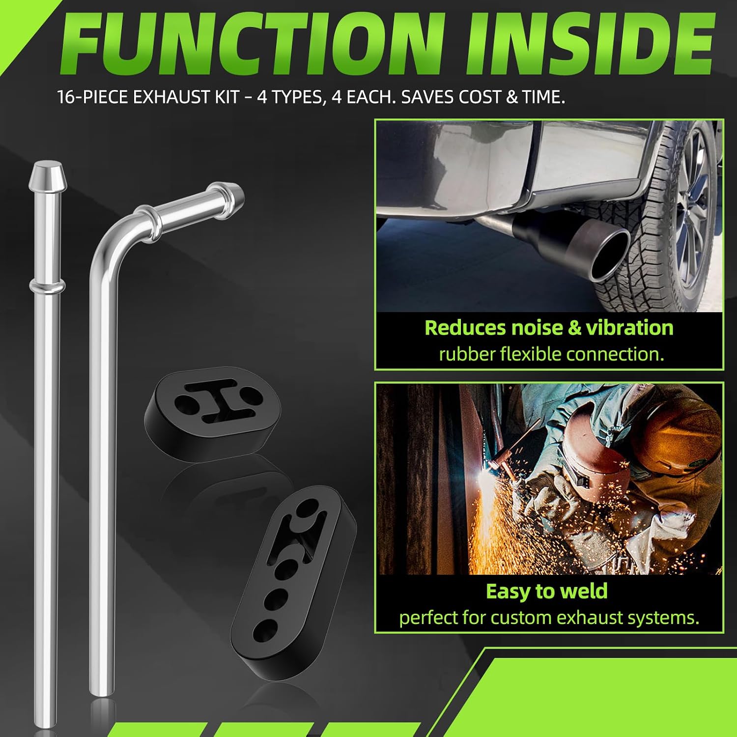 16PCS Rubber Exhaust Hanger Set, Heavy Duty Mild Steel Zinc Coated 3/8" 10mm Rods, 90° 7.6" Bend and Straight 10" Bar, with 2-Hole and 4-Hole Insulator Mounts, for Automotive Replacement