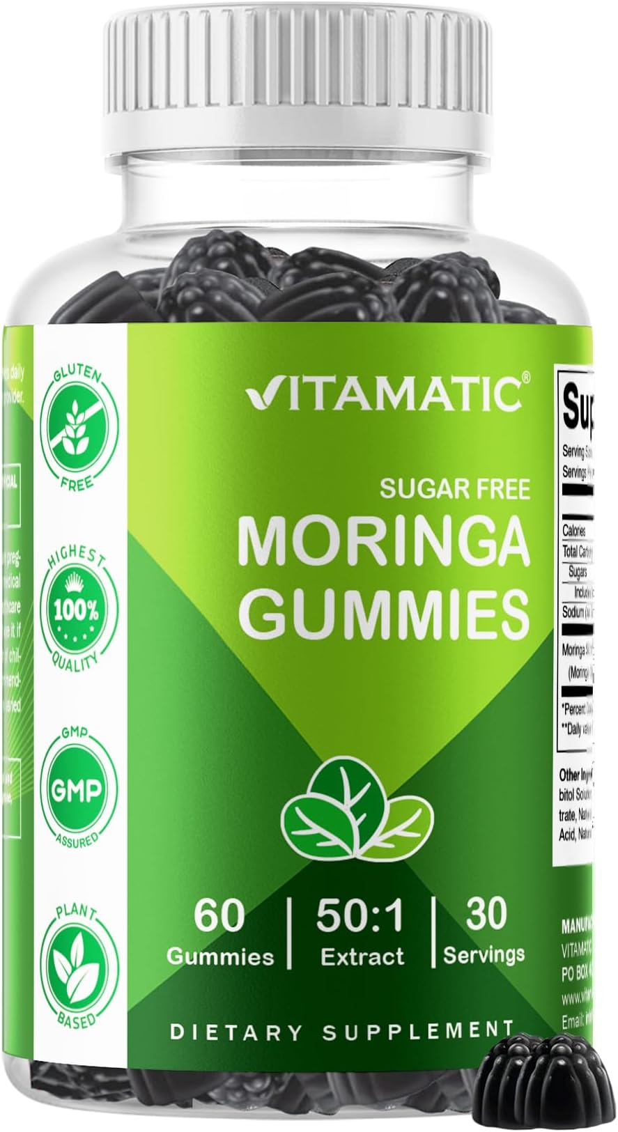 Vitamatic Sugar-Free Moringa Gummies - 10,000 mg Equivalent Per Serving - Complete Green Superfood - 60 Pectin Based Gummies