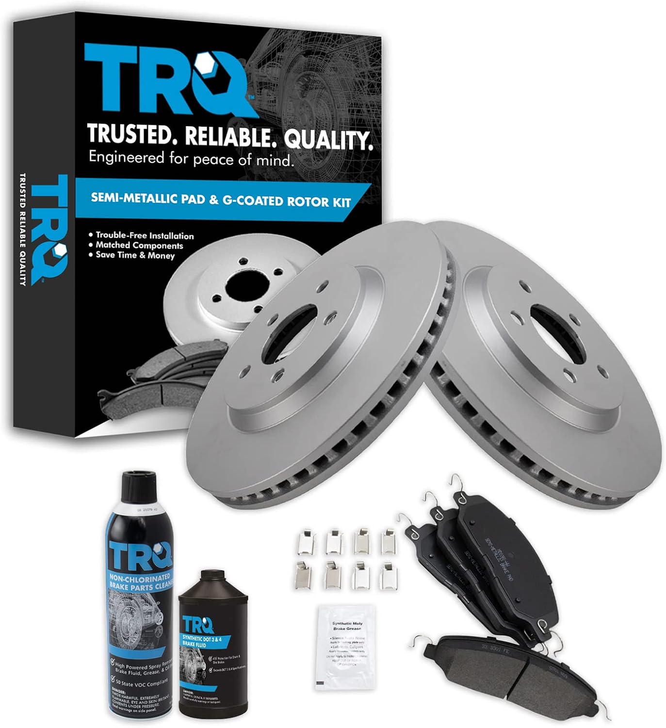 TRQ Front Brake Pad & Rotor Kit Brake Chemical Kit Brake Pads Brake Rotor Semi-Metallic Premium G-Coated Compatible with 2005-2014 Ford Mustang