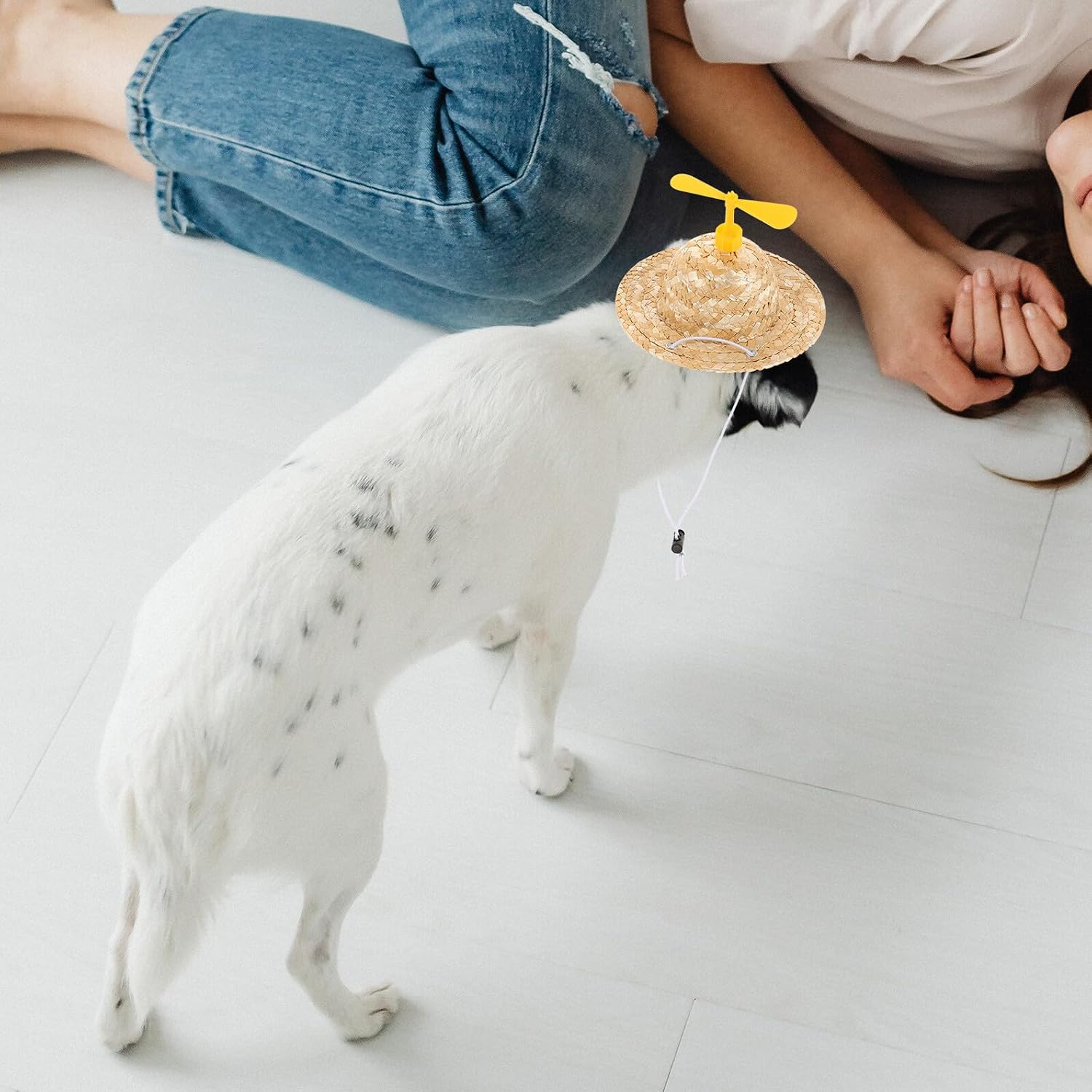 Adjustable Yellow Straw Sun Hat with Propeller for Small Dogs and Cats, Cosplay Pet Hat for Seasons, Breathable Lightweight Material