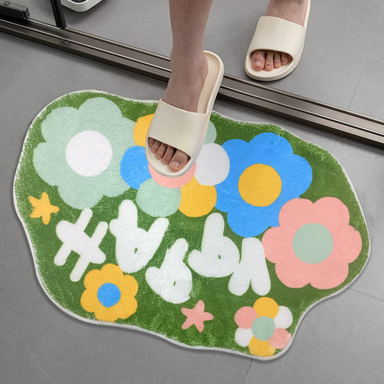 FOSDICK Bath Mat 40 x 60cm, Green, Polyester, Soft, Non-Slip, Machine Washable, Super Absorbent, Bathroom Floor Mat, Flower Rug - Image 3