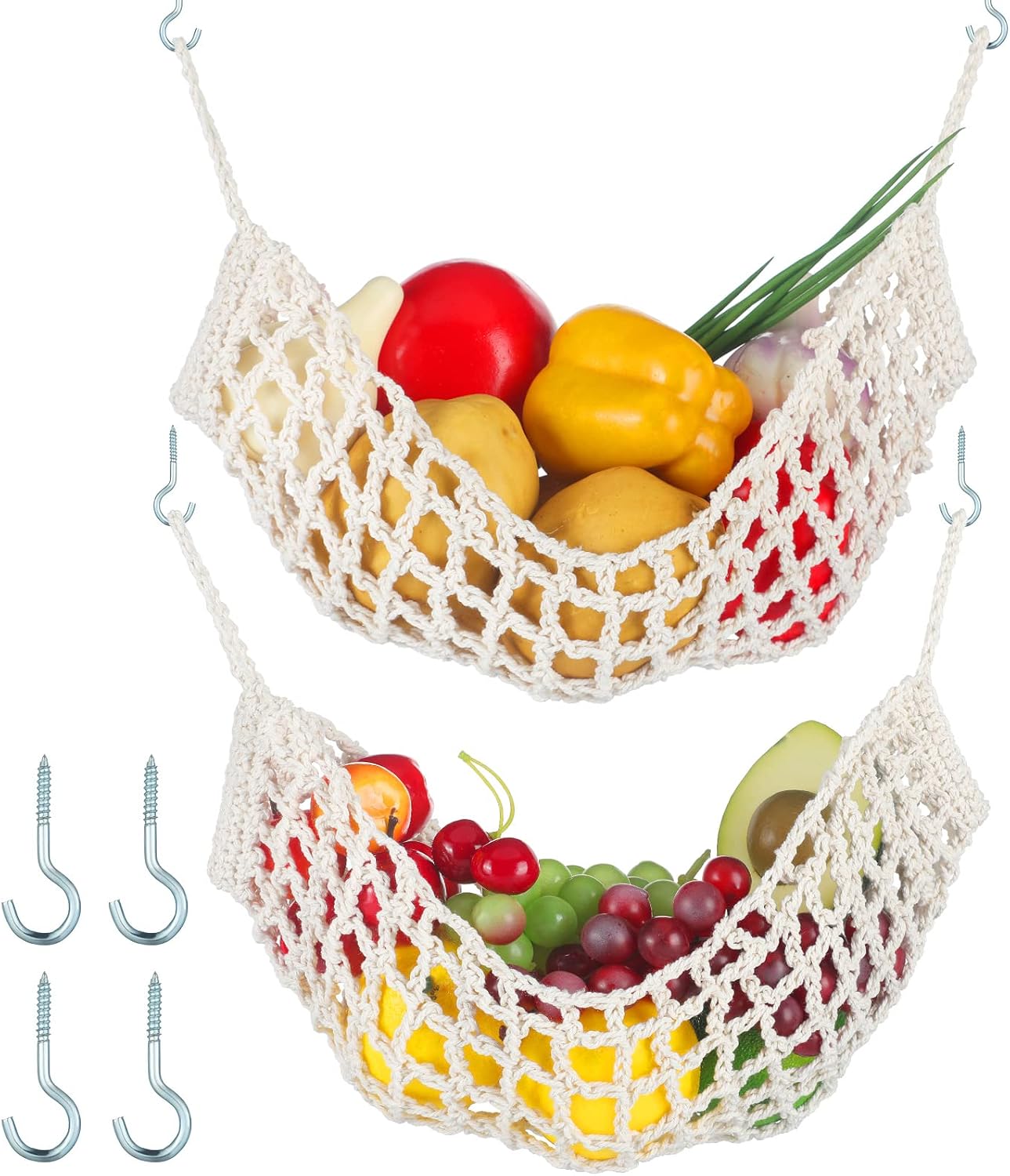 Xuhal 2 Pcs Large Fruit Hammock Macrame 12 x 20 Inch, White, Rustic Style