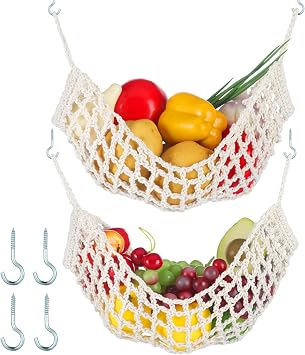 2 Pcs 11.8 x 20 Inch Large Macrame Fruit Hammock Under Cabinet Veggie Banana Hammock Hanging Fruit Basket Saves Counter Space for Kitchen Hand-woven Lace Hanging Basket for KitchenRustic Style