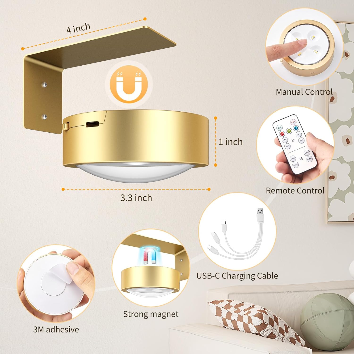 Brightown 3-Pack Picture Lights for Wall,Rechargeable Battery Operated Painting Light Magnetic Art Display Light with Remote, Puck Lights, Dimmable & Timer Art Lighting for Paintings Wireless,Gold
