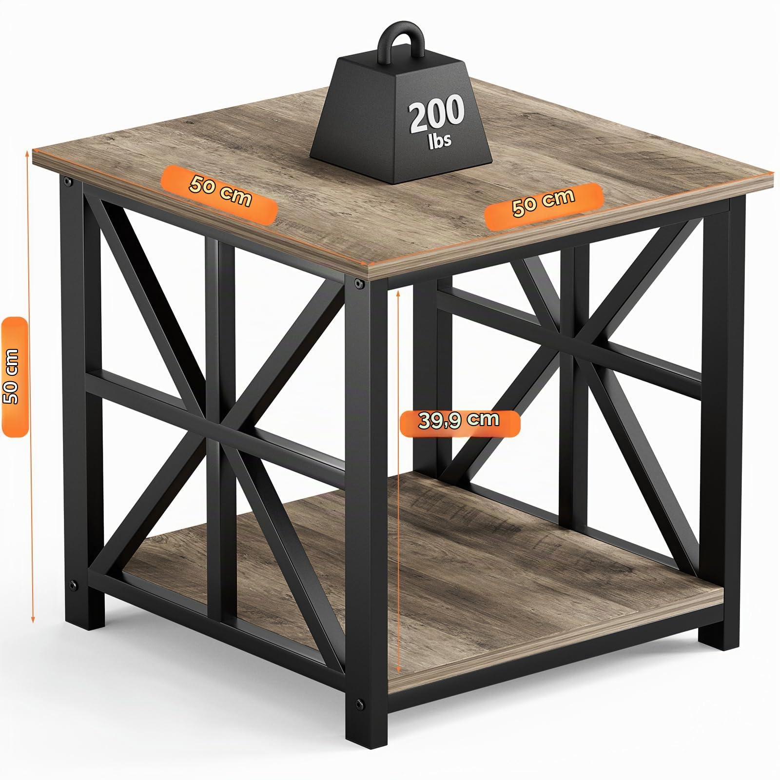 GreenForest Mesa Auxiliar con Estante de Almacenamiento de 2 Niveles, Mesa Auxiliar de 50 cm para Sala de Estar, mesita de Noche Moderna para Dormitorio, Oficina, Lavado Gris | Mesa auxiliar cuadrada para dormitorio, oficina, marco de metal resistente, re