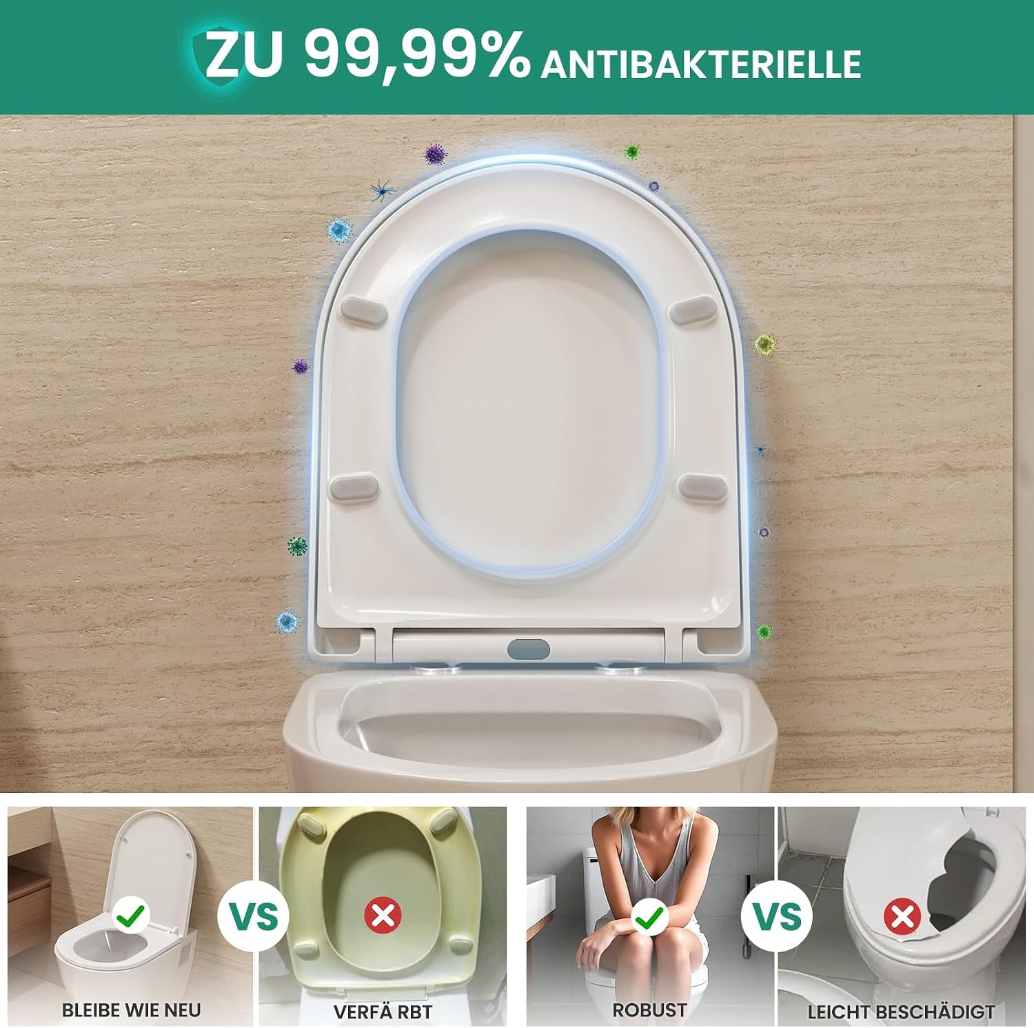 ANYCEE Tapa de inodoro con descenso automático, forma D [corta], fácil