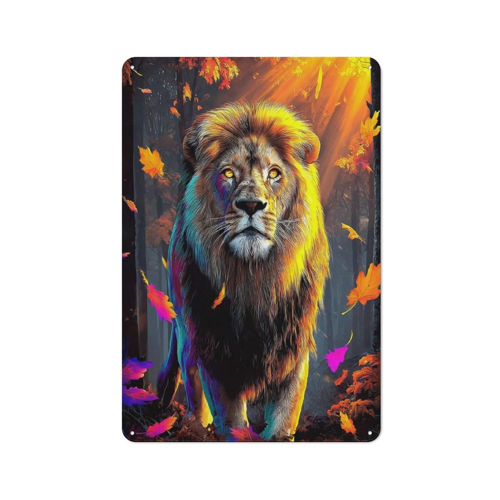 Junmoney Golden Lion In Autumn Forest -1 Metal Wall Sign 30X20cm Featuring For Garage Wall, For Kitchen, Dining Room And Home Bar Wall Decor