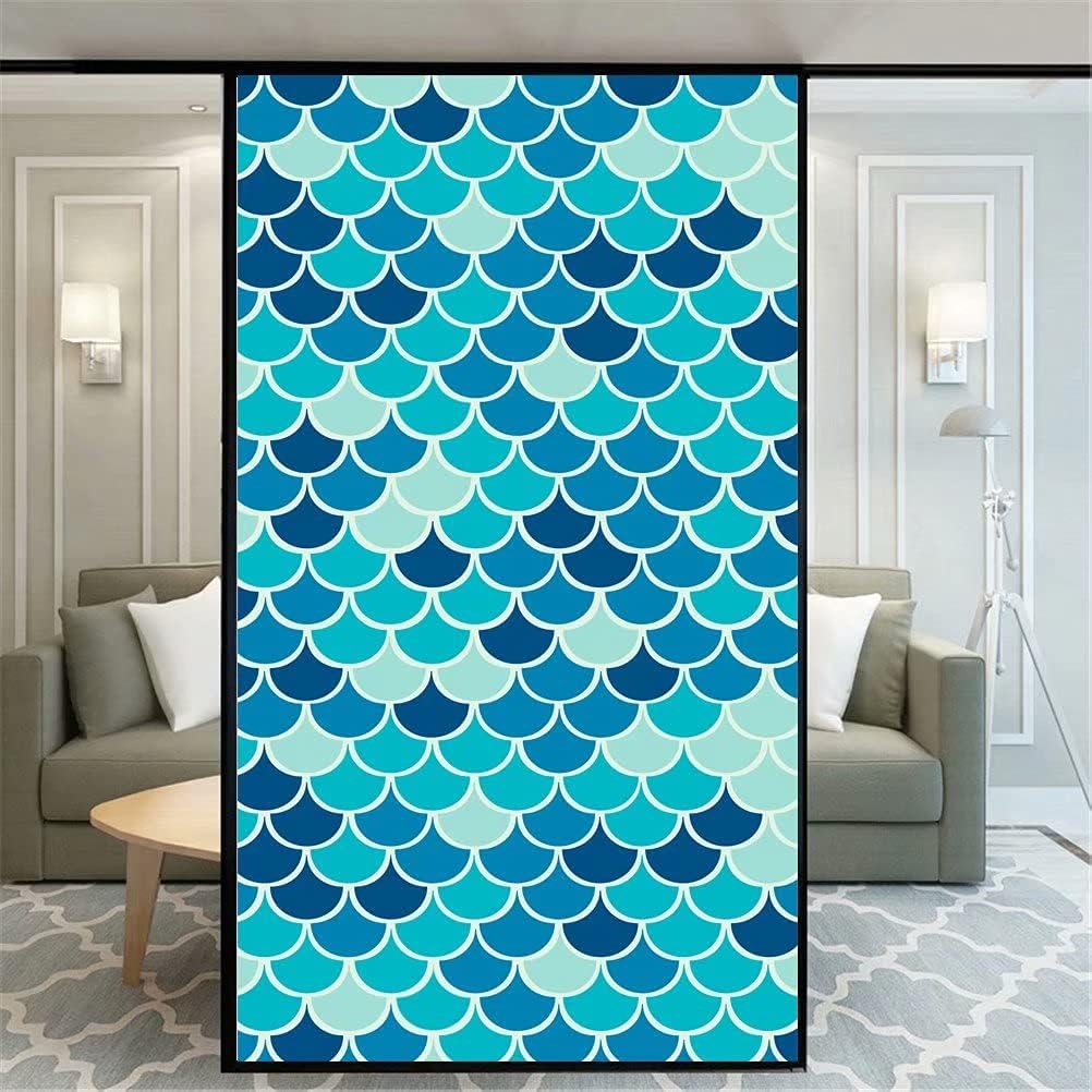 Non Adhesive Decorative Privacy Frosted Window Film Blue Ripple Pattern Glass Door Window Covering Window Decals Window Sticker for Home Office 60x200cm(23.6"x78.74")