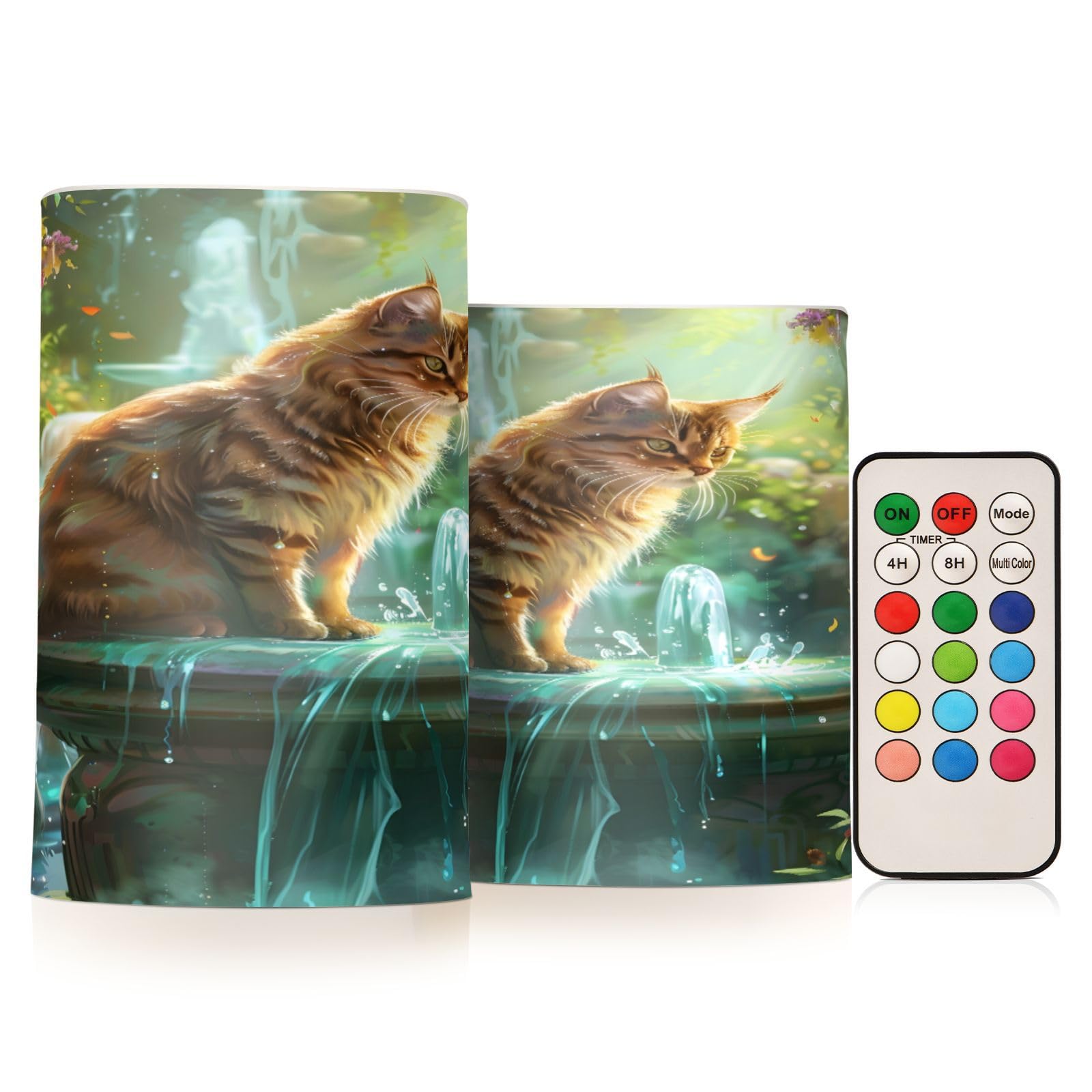Flickering Flameless Candles Cat in Garden LED Candles with Remote Timer Set of 2 Battery Operated Candle Home Decoration