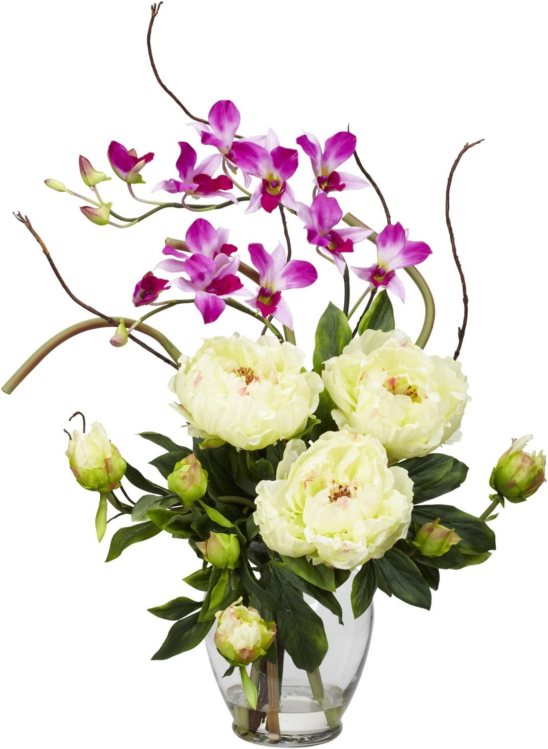 Nearly Natural1175-WH Peony and Orchid Silk Flower Arrangement, White,29" x 10.25" x 10.25"