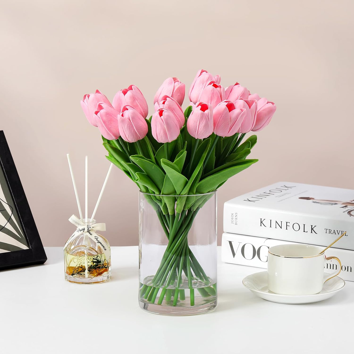 20 PCS Real Touch Tulips Artificial Flowers in Vase, Tulips Faux Arrangements with Vase and Fake Water for Home Decor, Dining Table (Pink) - Image 2