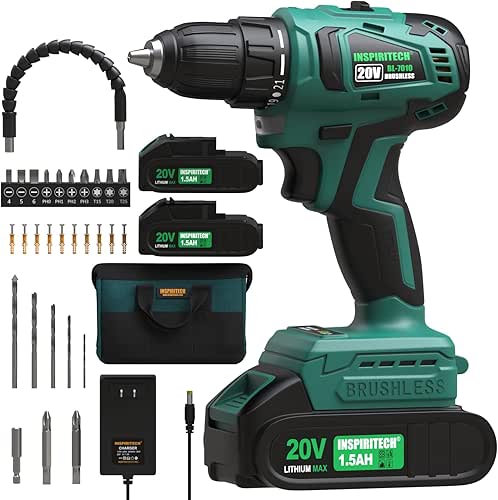 20V Cordless Brushless Power Drill Set with 2 Batteries and
