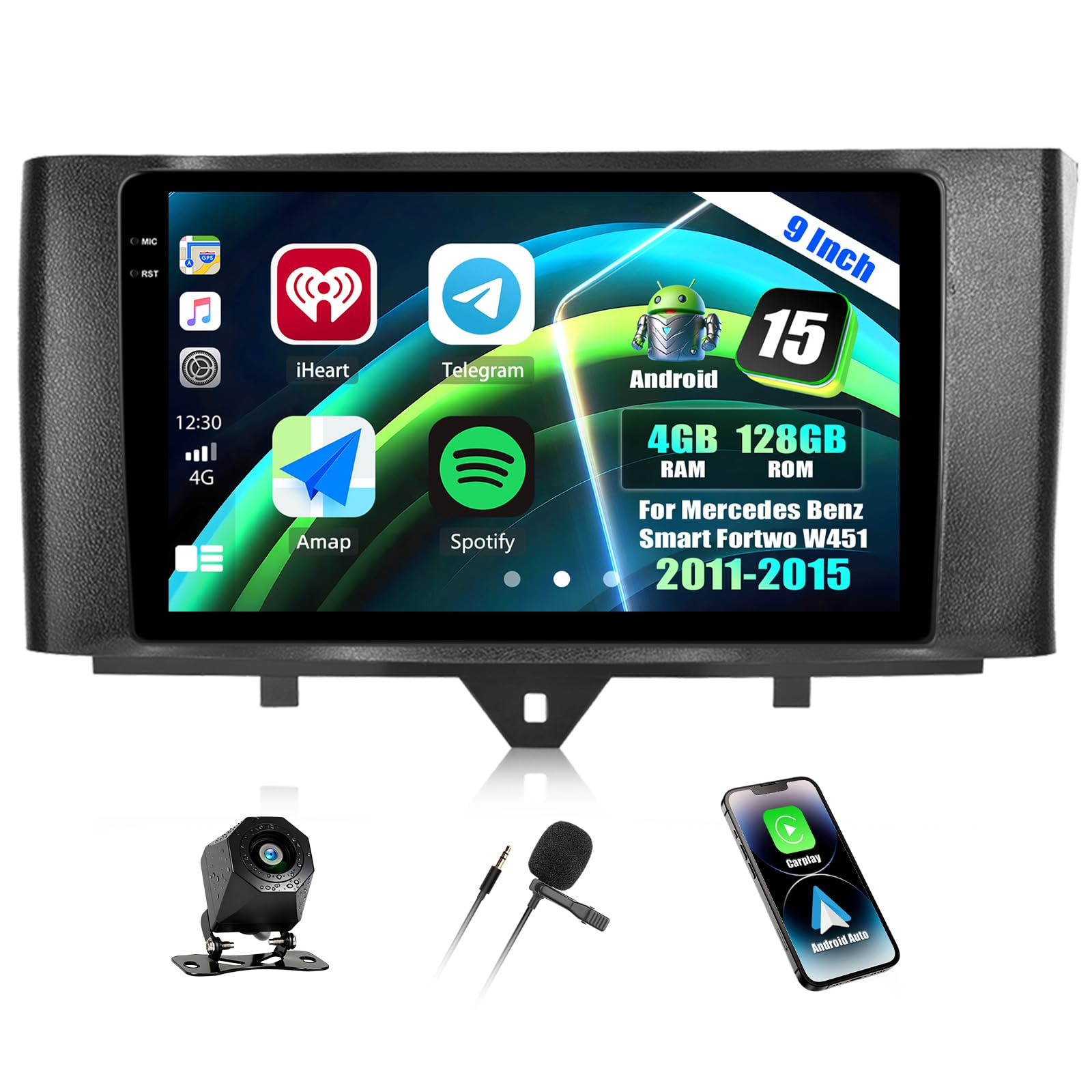 4+128G Android 15 CAMECHO 9 Pollici Autoradio per Mercedes Benz Smart Fortwo W451 2011-2015 con Wireless Carplay Android Auto, GPS Radio Touchscreen con Bluetooth WIFI RDS FM + Telecamera Posteriore