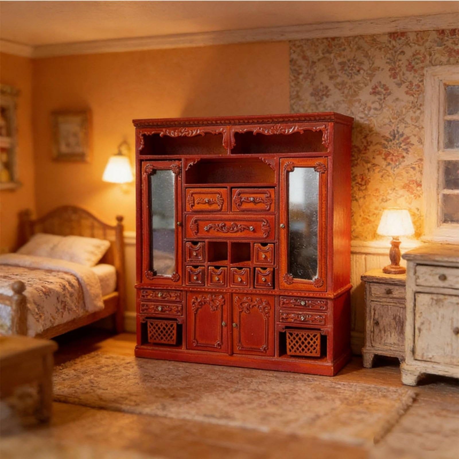 Mini Armadio Miniatura Armadietto Modello Casa Delle Bambole in Legno con Sportelli E Cassetti Funzionanti Artigianato Europeo Adatto per Collezionisti Diorami Esposizione Domestica 1 12