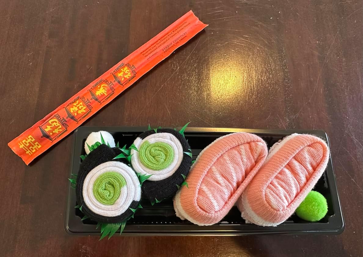 Sushi Socks Box: 2 pairs featuring Salmon Nigiri and Cucumber Maki designs. So cute and comfy! Stretchy, and unisex. image 2