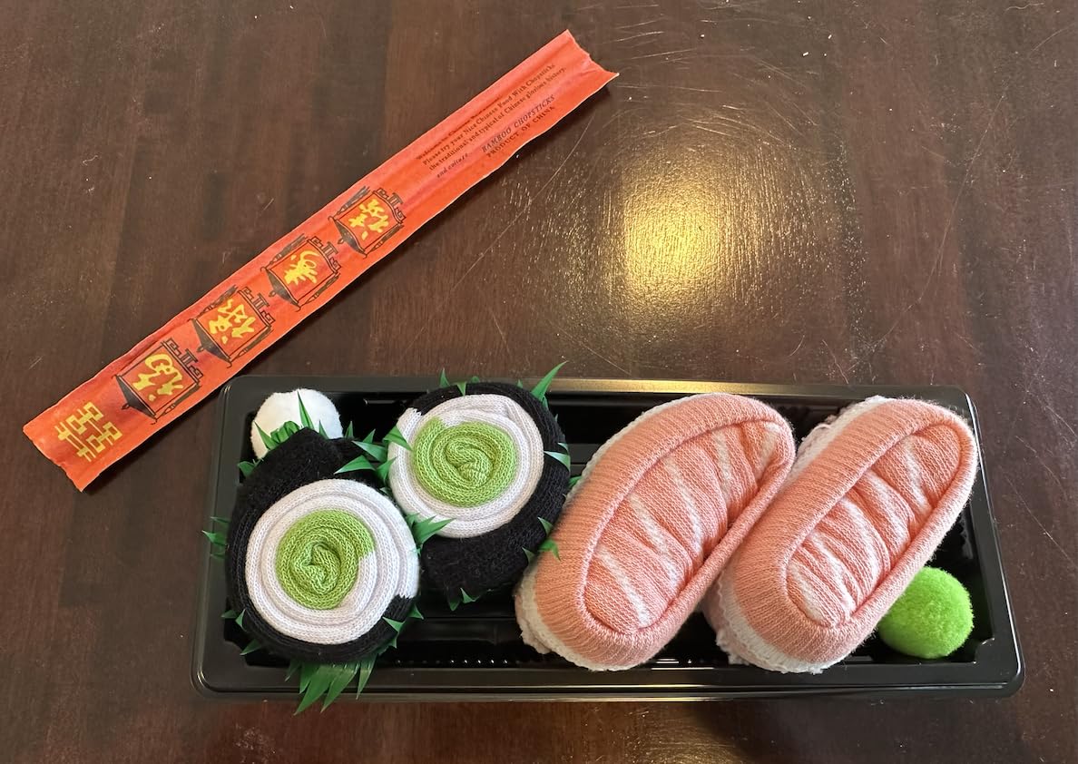 Sushi Socks Box: 2 pairs featuring Salmon Nigiri and Cucumber Maki designs. So cute and comfy! Stretchy, and unisex.