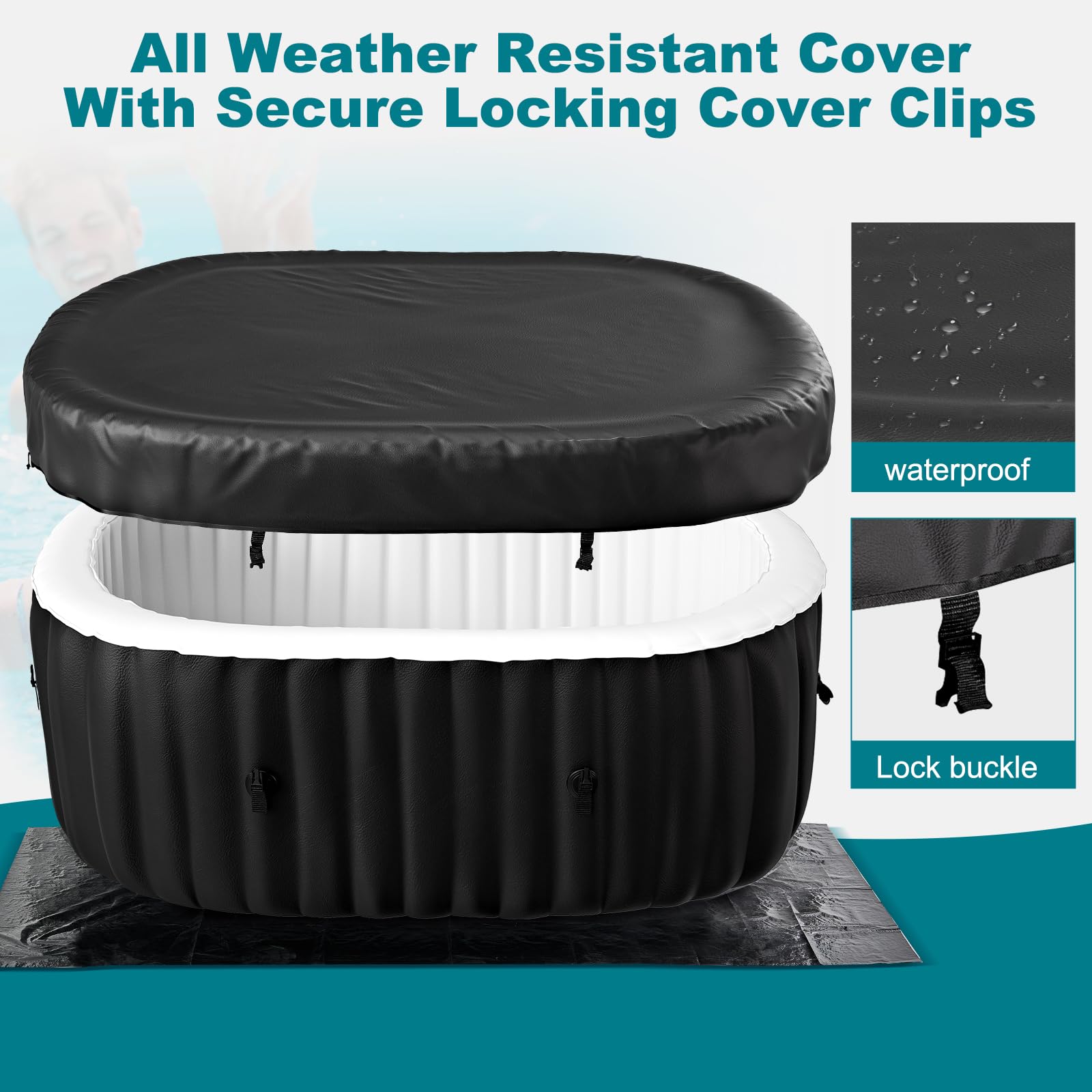 Aufblasbarer Whirlpool 2 Personen, Ovaler Outdoor Spa Pool 190 x 120 x 63 cm, Whirlpool Aufblasbar mit 100 Luftdüsen, 1800 W Heizung, Filter, Isolierabdeckung, Bodenmatte für Garten Terrasse