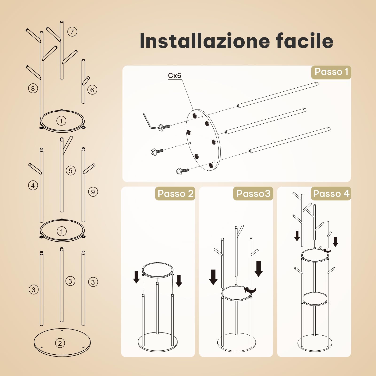 eSituro Appendiabiti, Porta Abiti da Terra a Forma di Albero, con 9 Ganci e 3 Ripiani, Appendiabiti in Metallo con Base in Marmo per Corridoio/Camera da Letto/Ufficio, Nero