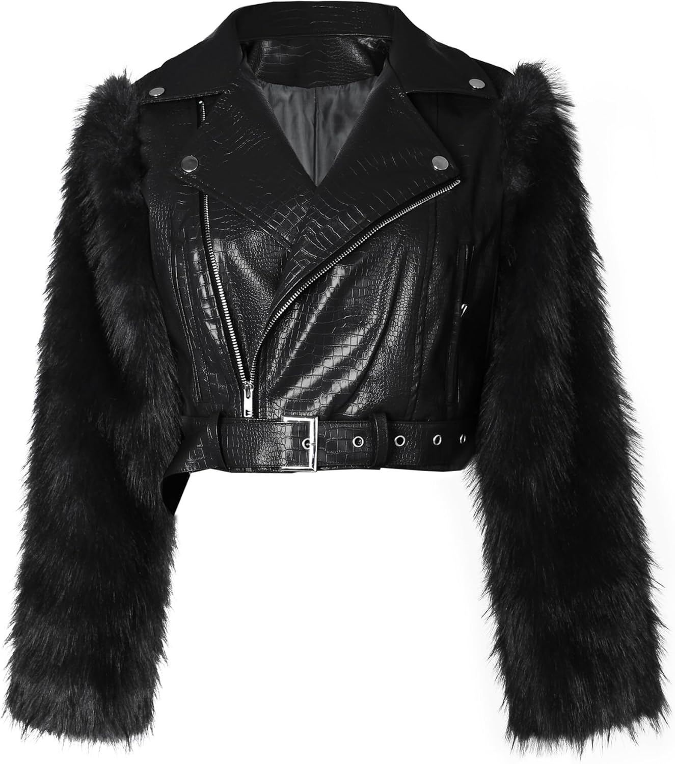 Women's Fall Winter Faux Leather Cropped Jacket Patchwork Faux Fur Long Sleeve Lapel V Neck Zipper Fluffy Coat - Image 5