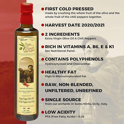 Vista 3 de Papa Vince Aceite de chile: cosecha familiar 2020/21, Sicilia, Italia. Ligeramente picante, hecho de ingredientes orgánicos, sin refinar, sin