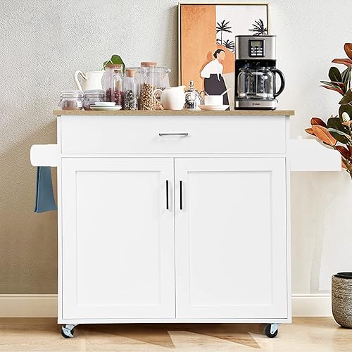 Miniatura 9 de COSTWAY Carrito de isla de cocina carrito de almacenamiento rodante con ruedas de goma bloqueables gabinete grande cajón estante de especias y