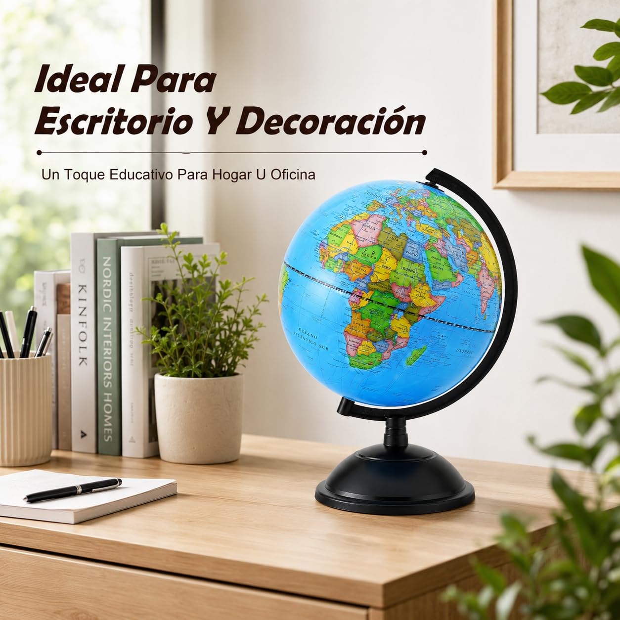 Exerz Globo Terráqueo 20 cm Mapa Español Base Negra Para Escritorio | Diseño giratorio con arco graduado lectura clara para escuela oficina habitación estudio y regalo educativo