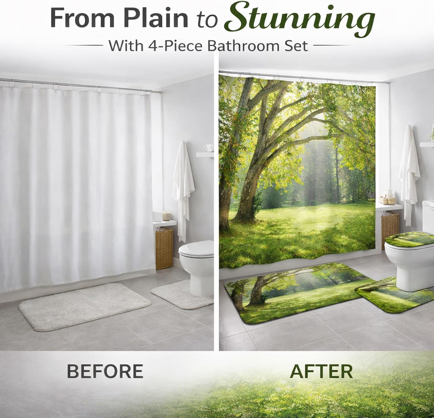 4 Pcs Shower Curtain Set with Hooks ,Nature Forest Shower Curtain Set Includes Shower Curtain 70.8x70.8 Inch, Non Slip Bath Mat, Toilet Lid Cover and U Shaped Rug, Green Woodland Landscape Style
